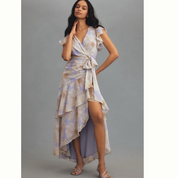 NWT Anthropologie Hutch Ruffle-Sleeve True Wrap Romantic Floral Midi Dress S